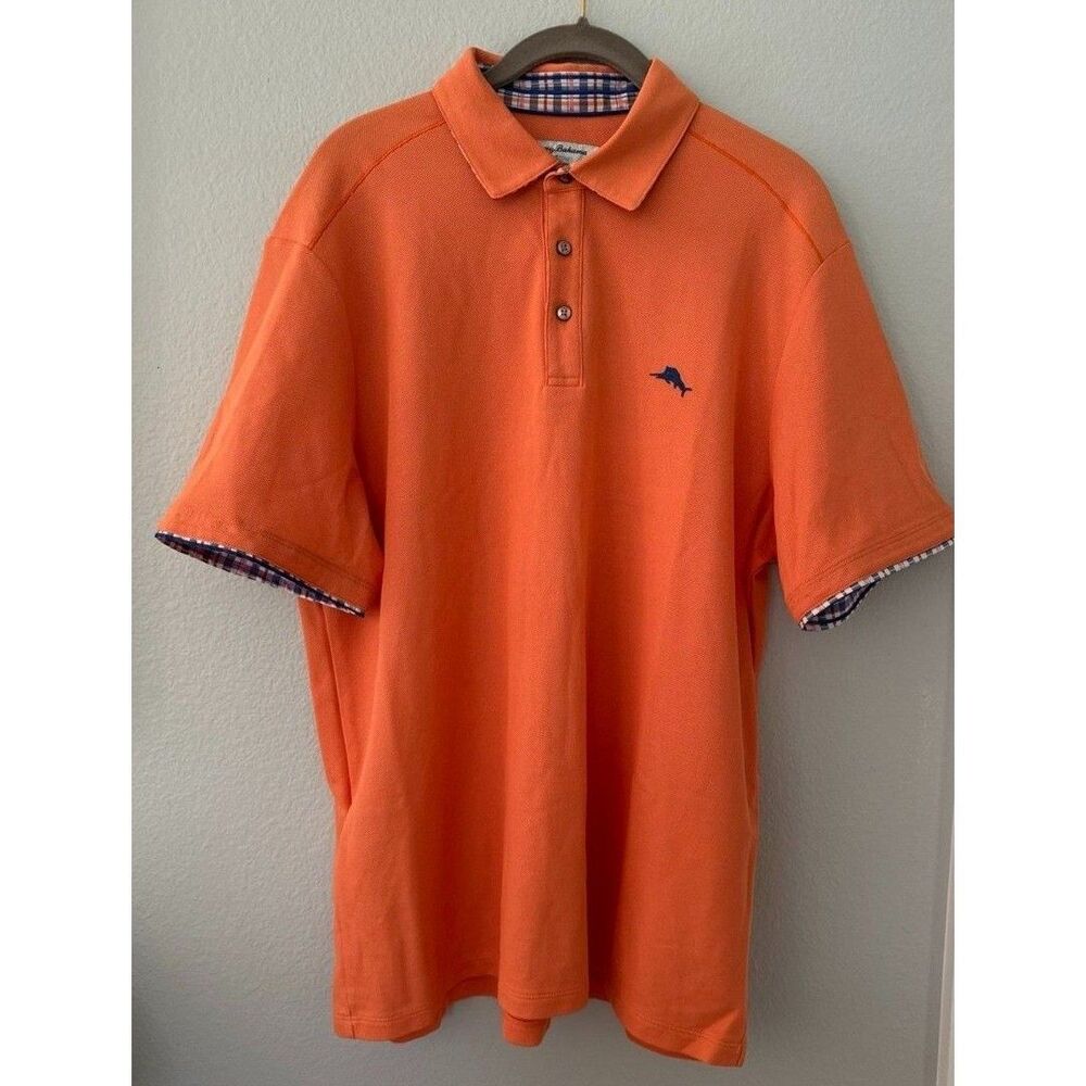 Tommy Bahama Island Zone Mens Polo Shirt Orange Plaid Collar Size Medium
